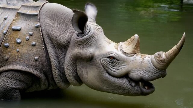Close-up of a rhinoceros head in the water.