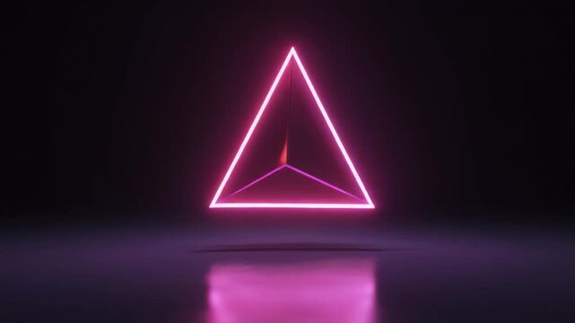 Floating rotating neon triangular prism in a clean futuristic space