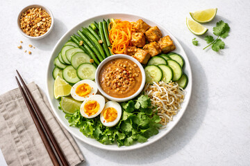 A vibrant and healthy Gado-Gado style salad bowl with tofu, vegetables, hard-boiled eggs, and peanut sauce, served with lime and chopsticks.