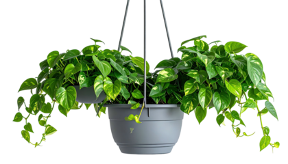 Lush, trailing houseplant in hanging gray pots against a stark black background
