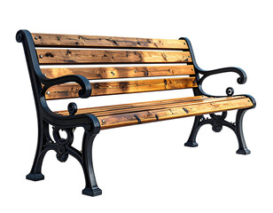 Wooden slatted bench with ornate black ironwork