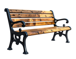 Wooden slatted bench with ornate black ironwork