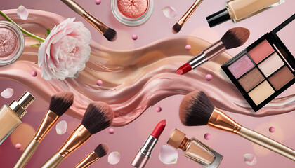 Productos de Maquillaje Cosméticos Belleza Fondo Rosa Brochas Paleta Labial Sombras Elegante Femenino