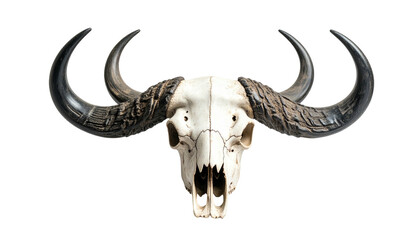 Front view of a bovine skull with large curved horns against black (1)