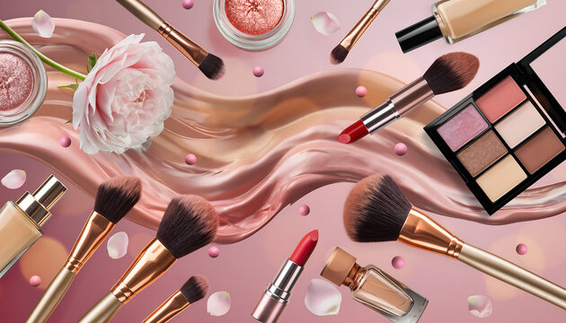 Productos de Maquillaje Cosm&eacute;ticos Belleza Fondo Rosa Brochas Paleta Labial Sombras Elegante Femenino