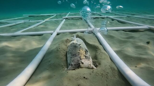 Underwater sand seabed grid pipe bag net bubble marine conservation restoration scene with coral nursery and ocean floor research project showing diver glove mesh bag seafloor ecology planting