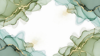 Fototapeta premium alcohol ink background of fluid green teal gold patterns providing white copy space ideal for luxury branding and elegant concepts.