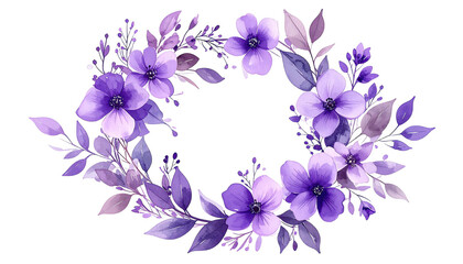 Watercolor illustration of a circular wreath with purple flowers and leaves