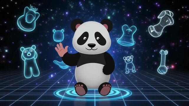 Cartoon panda waving surrounded by neon animal icons in space.