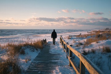 Winter beach walk snowy coastline