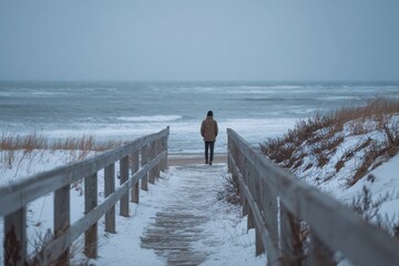 Winter beach walk snowy coastline