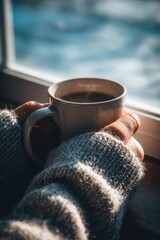 Hands holding warm beverage by window