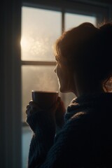Woman holding cup looking through window