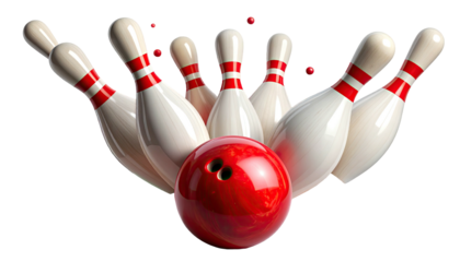 Red bowling ball hitting pins, with motion effect, on black background