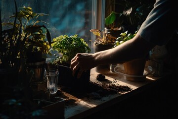 Person potting plants indoors near window