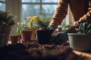 Person planting seedlings in garden