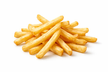 A pile of golden crispy french fries isolated on a white background, ready to be eaten.
