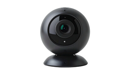 Dark webcam, rounded, black casing, with lens facing forward, on a stand