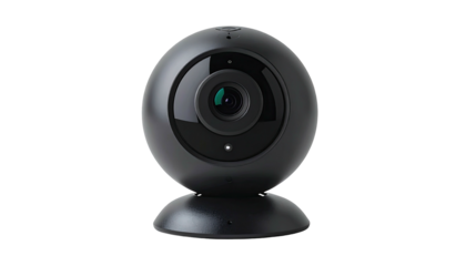 Dark webcam, rounded, black casing, with lens facing forward, on a stand