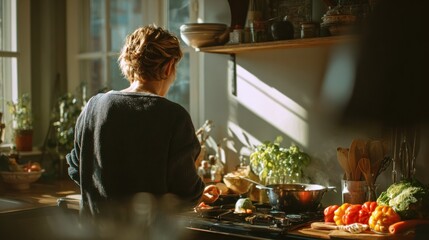 Woman cooking vegetables in kitchen