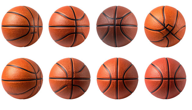 Eight detailed basketballs at different angles against a black backdrop