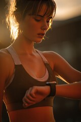 Woman checking smartwatch during outdoor exercise