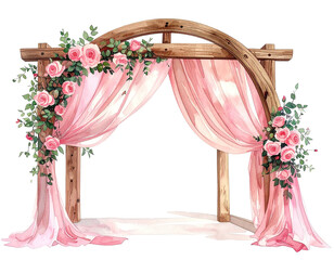 Wooden archway adorned with roses, greenery and flowing pink fabric