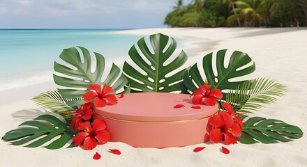 Tropical paradise backdrop featuring a coral display stand adorned with vibrant red hibiscus