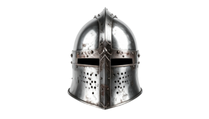 Metallic medieval war helmet, angled and front-facing, against black