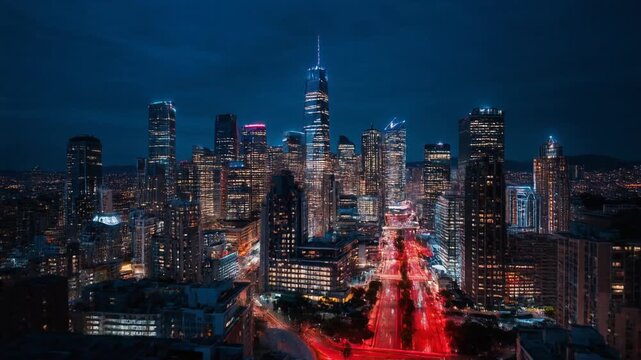 Aerial orbit shot of modern city skyline during blue hour with glowing buildings and soft atmospheric light above urban streets