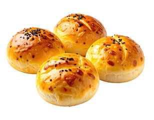 Four golden baked rolls, topped with seeds, arranged on a black background