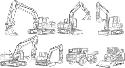 Heavy Construction Equipment Collection with Excavators Dump Trucks and Pickup Truck Towing Mini Digger on Trailer Vector Illustration for Industry © MdNurAlam