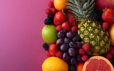 Organic fruits background. Healthy eating concept. Flat lay.