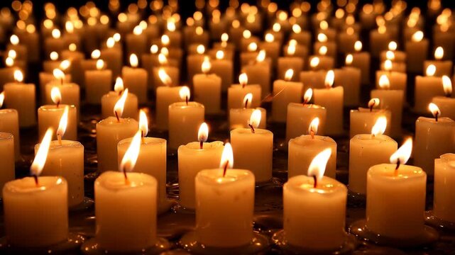 Flickering candle flame candlelight wax glow warm ceremony memorial vigil spiritual tribute rows of burning candle soft golden light peaceful atmosphere dark background hope remembrance religion
