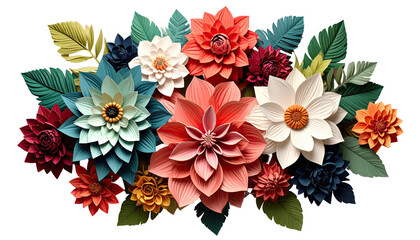 A vibrant cluster of layered paper flowers in various bold colors