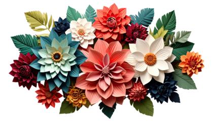 A vibrant cluster of layered paper flowers in various bold colors