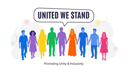 Diverse people holding hands, promoting unity and inclusivity, rainbow colors, text