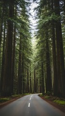 Fototapeta premium Scenic Forest Road Lined with Tall Evergreen Trees.