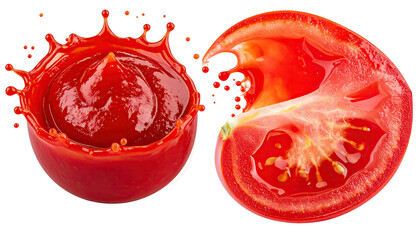 Red ketchup splash and a tomato slice, on black background