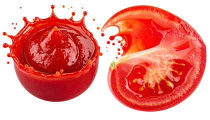 Red ketchup splash and a tomato slice, on black background