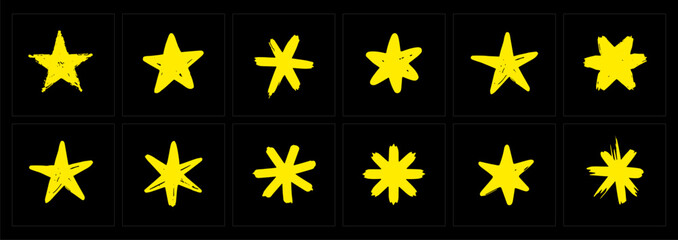 Decorative Grunge Star Shapes Collection for Rating and Review, Vector Golden Paint Stroke Stars