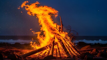 Large Bonfire on a Beach at Night with Waves Crashing.
