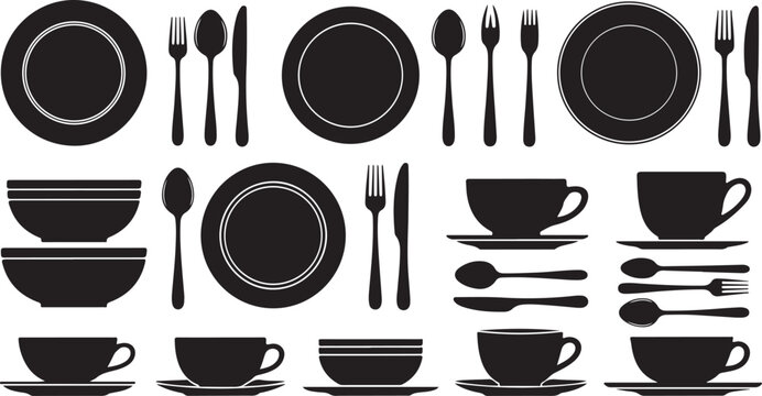Collection of modern dinnerware and utensils silhouettes