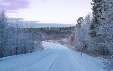 A winding road stretches through a snowy landscape with trees on both sides. The sky shows light colors of the evening, hinting at dusk in a cold area.
