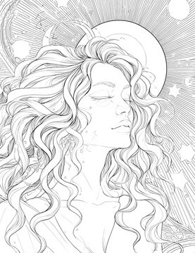 a coloring book page with an illustration of the goddess selene, long curly hair, and sun rays shining on her face