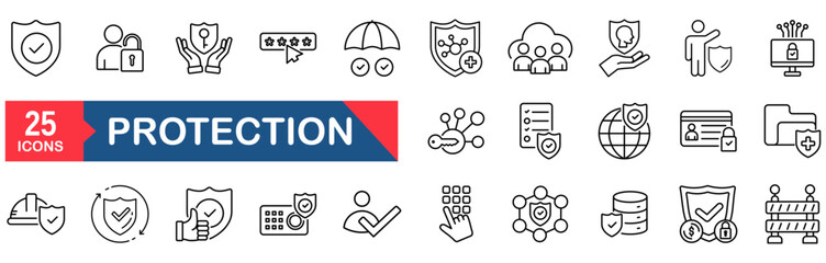 Protection Web Icon Set in Line style. vector illustration concept for security, shield, safety, line, lock, cyber, secure, safe, datum, privacy