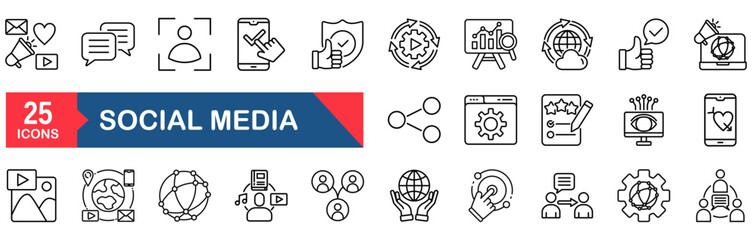 Social Media Web Icon Set in Line style. vector illustration concept for social, network, digital, like, content, design, save, post, share, censoring, news, comment, communication