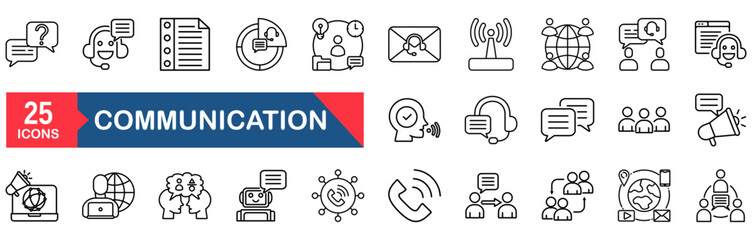 Communication set of web icons in line style. vector illustration concept for communication, business, group, people, phone, chat, contact, support, person, thin, team