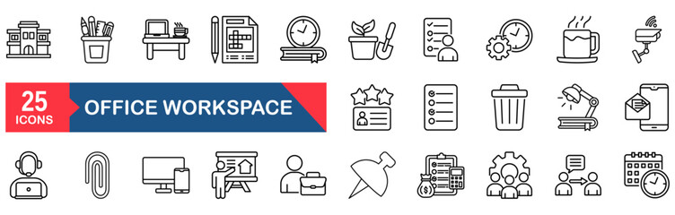 Office workspace set of web icons in line style. vector illustration concept for computer, work, laptop, desk, workplace, business, table, schedule, meeting, chair
