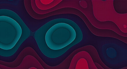Abstract layered paper cut style with smooth curved shapes in blue and red gradient tones creating depth effect